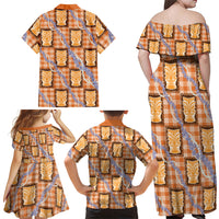 Aloha Hawaii Tiki Palaka Motifs Family Matching Off Shoulder Maxi Dress and Hawaiian Shirt Honohono Lei Orange Elegant Vibes
