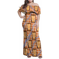 Aloha Hawaii Tiki Palaka Motifs Family Matching Off Shoulder Maxi Dress and Hawaiian Shirt Honohono Lei Orange Elegant Vibes