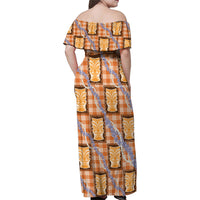 Aloha Hawaii Tiki Palaka Motifs Family Matching Off Shoulder Maxi Dress and Hawaiian Shirt Honohono Lei Orange Elegant Vibes