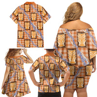 Aloha Hawaii Tiki Palaka Motifs Family Matching Off Shoulder Short Dress and Hawaiian Shirt Honohono Lei Orange Elegant Vibes