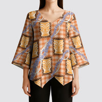 Aloha Hawaii Tiki Palaka Motifs Kimono Sleeve Blouse Honohono Lei Orange Elegant Vibes