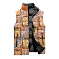 Aloha Hawaii Tiki Palaka Motifs Sleeveless Puffer Jacket Honohono Lei Orange Elegant Vibes