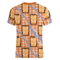 Aloha Hawaii Tiki Palaka Motifs Women V-Neck T-Shirt Honohono Lei Orange Elegant Vibes