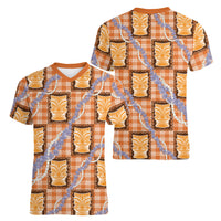 Aloha Hawaii Tiki Palaka Motifs Women V-Neck T-Shirt Honohono Lei Orange Elegant Vibes