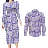 Aloha Hawaii Tiki Palaka Motifs Couples Matching Long Sleeve Bodycon Dress and Long Sleeve Button Shirt Honohono Lei Purple Elegant Vibes