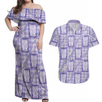 Aloha Hawaii Tiki Palaka Motifs Couples Matching Off Shoulder Maxi Dress and Hawaiian Shirt Honohono Lei Purple Elegant Vibes
