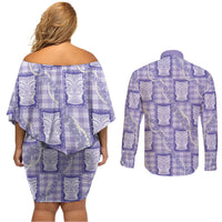 Aloha Hawaii Tiki Palaka Motifs Couples Matching Off Shoulder Short Dress and Long Sleeve Button Shirt Honohono Lei Purple Elegant Vibes