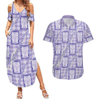 Aloha Hawaii Tiki Palaka Motifs Couples Matching Summer Maxi Dress and Hawaiian Shirt Honohono Lei Purple Elegant Vibes