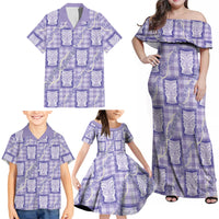 Aloha Hawaii Tiki Palaka Motifs Family Matching Off Shoulder Maxi Dress and Hawaiian Shirt Honohono Lei Purple Elegant Vibes