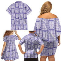 Aloha Hawaii Tiki Palaka Motifs Family Matching Off Shoulder Short Dress and Hawaiian Shirt Honohono Lei Purple Elegant Vibes
