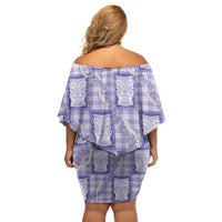 Aloha Hawaii Tiki Palaka Motifs Family Matching Off Shoulder Short Dress and Hawaiian Shirt Honohono Lei Purple Elegant Vibes