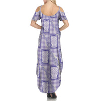 Aloha Hawaii Tiki Palaka Motifs Family Matching Summer Maxi Dress and Hawaiian Shirt Honohono Lei Purple Elegant Vibes