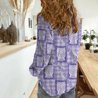 Aloha Hawaii Tiki Palaka Motifs Women Casual Shirt Honohono Lei Purple Elegant Vibes