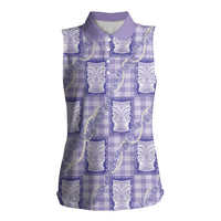 Aloha Hawaii Tiki Palaka Motifs Women Sleeveless Polo Shirt Honohono Lei Purple Elegant Vibes