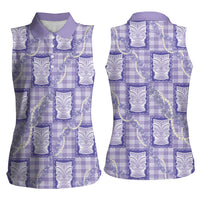 Aloha Hawaii Tiki Palaka Motifs Women Sleeveless Polo Shirt Honohono Lei Purple Elegant Vibes