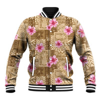 Beige Hawaii Hibiscus With Tropical Flowers Motifs Baseball Jacket - Polynesian Pride