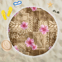 Beige Hawaii Hibiscus With Tropical Flowers Motifs Beach Blanket - Polynesian Pride