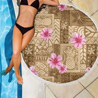 Beige Hawaii Hibiscus With Tropical Flowers Motifs Beach Blanket - Polynesian Pride