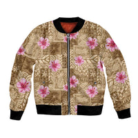 Beige Hawaii Hibiscus With Tropical Flowers Motifs Bomber Jacket - Polynesian Pride