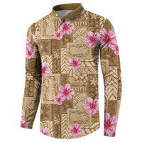 Beige Hawaii Hibiscus With Tropical Flowers Motifs Button Sweatshirt - Polynesian Pride