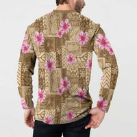 Beige Hawaii Hibiscus With Tropical Flowers Motifs Button Sweatshirt - Polynesian Pride