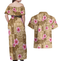 Beige Hawaii Hibiscus With Tropical Flowers Motifs Couples Matching Off Shoulder Maxi Dress and Hawaiian Shirt - Polynesian Pride