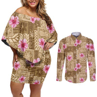 Beige Hawaii Hibiscus With Tropical Flowers Motifs Couples Matching Off Shoulder Short Dress and Long Sleeve Button Shirt - Polynesian Pride
