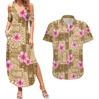 Beige Hawaii Hibiscus With Tropical Flowers Motifs Couples Matching Summer Maxi Dress and Hawaiian Shirt - Polynesian Pride