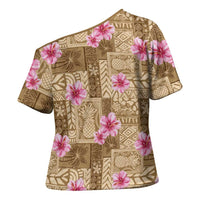 Beige Hawaii Hibiscus With Tropical Flowers Motifs Cross Shoulder Shirt - Polynesian Pride