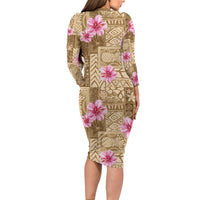 Beige Hawaii Hibiscus With Tropical Flowers Motifs Family Matching Long Sleeve Bodycon Dress and Hawaiian Shirt - Polynesian Pride