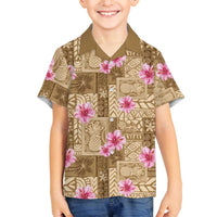 Beige Hawaii Hibiscus With Tropical Flowers Motifs Family Matching Off The Shoulder Long Sleeve Dress and Hawaiian Shirt - Polynesian Pride