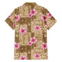 Beige Hawaii Hibiscus With Tropical Flowers Motifs Family Matching Short Sleeve Bodycon Dress and Hawaiian Shirt - Polynesian Pride