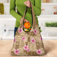 Beige Hawaii Hibiscus With Tropical Flowers Motifs Grocery Bag - Polynesian Pride