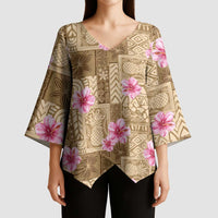 Beige Hawaii Hibiscus With Tropical Flowers Motifs Kimono Sleeve Blouse - Polynesian Pride