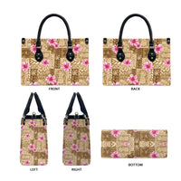Beige Hawaii Hibiscus With Tropical Flowers Motifs Leather Bag - Polynesian Pride