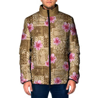 Beige Hawaii Hibiscus With Tropical Flowers Motifs Padded Jacket LT14 Men Beige - Polynesian Pride