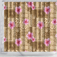 Beige Hawaii Hibiscus With Tropical Flowers Motifs Shower Curtain - Polynesian Pride