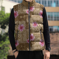 Beige Hawaii Hibiscus With Tropical Flowers Motifs Sleeveless Puffer Jacket LT14 - Polynesian Pride