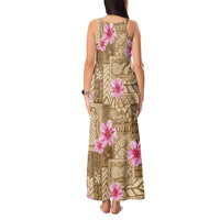 Beige Hawaii Hibiscus With Tropical Flowers Motifs Tank Maxi Dress - Polynesian Pride