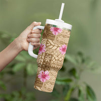 Beige Hawaii Hibiscus With Tropical Flowers Motifs Tumbler With Handle - Polynesian Pride
