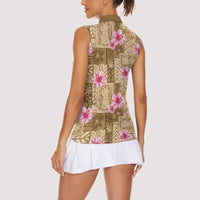 Beige Hawaii Hibiscus With Tropical Flowers Motifs Women Sleeveless Polo Shirt - Polynesian Pride