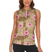 Beige Hawaii Hibiscus With Tropical Flowers Motifs Women Sleeveless Polo Shirt - Polynesian Pride
