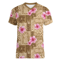 Beige Hawaii Hibiscus With Tropical Flowers Motifs Women V-Neck T-Shirt - Polynesian Pride