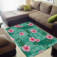 Cyan Hawaii Hibiscus With Tropical Flowers Motifs Area Rug - Polynesian Pride