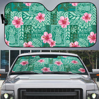 Cyan Hawaii Hibiscus With Tropical Flowers Motifs Auto Sun Shade - Polynesian Pride