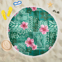 Cyan Hawaii Hibiscus With Tropical Flowers Motifs Beach Blanket - Polynesian Pride