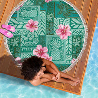 Cyan Hawaii Hibiscus With Tropical Flowers Motifs Beach Blanket - Polynesian Pride