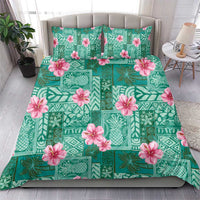Cyan Hawaii Hibiscus With Tropical Flowers Motifs Bedding Set - Polynesian Pride