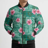 Cyan Hawaii Hibiscus With Tropical Flowers Motifs Bomber Puffer Jacket - Polynesian Pride