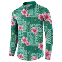Cyan Hawaii Hibiscus With Tropical Flowers Motifs Button Sweatshirt - Polynesian Pride